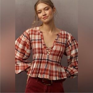 NWOT Pilcro Red and White Plaid Peplum Blouse